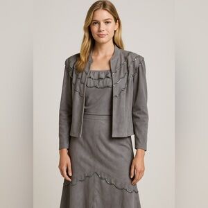 Vintage Suede Hand Made 3 Piece Gray Women's Skirt Suit Sequins Soft Size Small